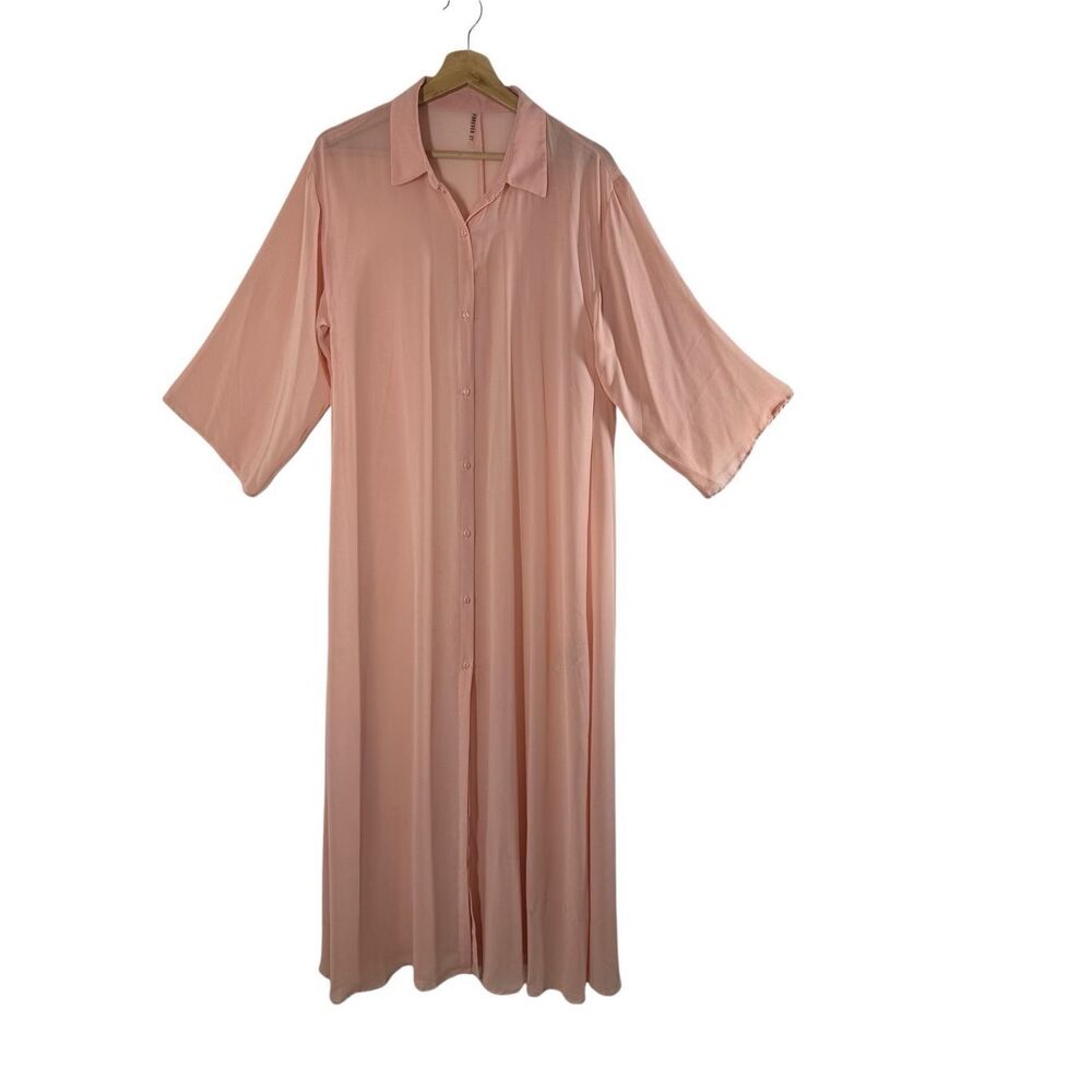 FOREVER 21 Pink 3/4 Sleeve Button Up Shirt Dress Size M Sheer Collared
